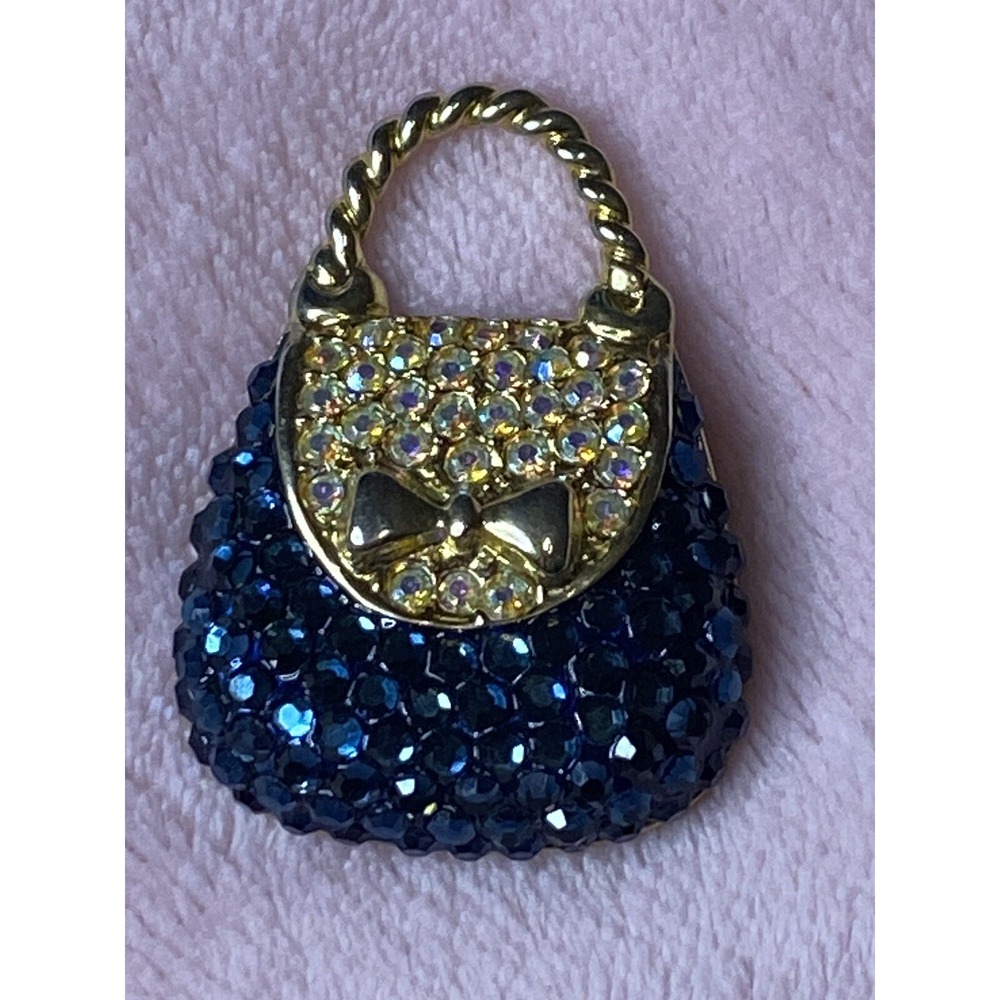 Suzanne Bjontegard Vintage Brooch Crystal Blue Purse Gold Tone W/Aurora Borealis